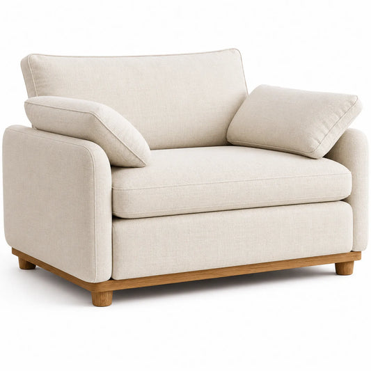 Beżowa sofa jednoosobowa z lnu i drewna