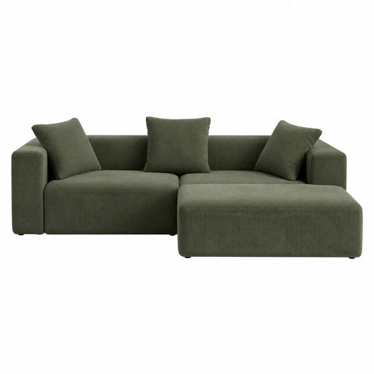 Sofa L z ciemnozielonym pokryciem sztruksowym
