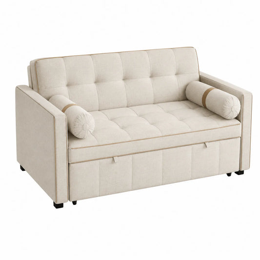 Dwuosobowa sofa z tkaniny beżowa z funkcją łóżka