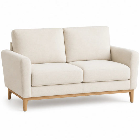 Sofa dwuosobowa tapicerowana beżowa z drewnianą ramą