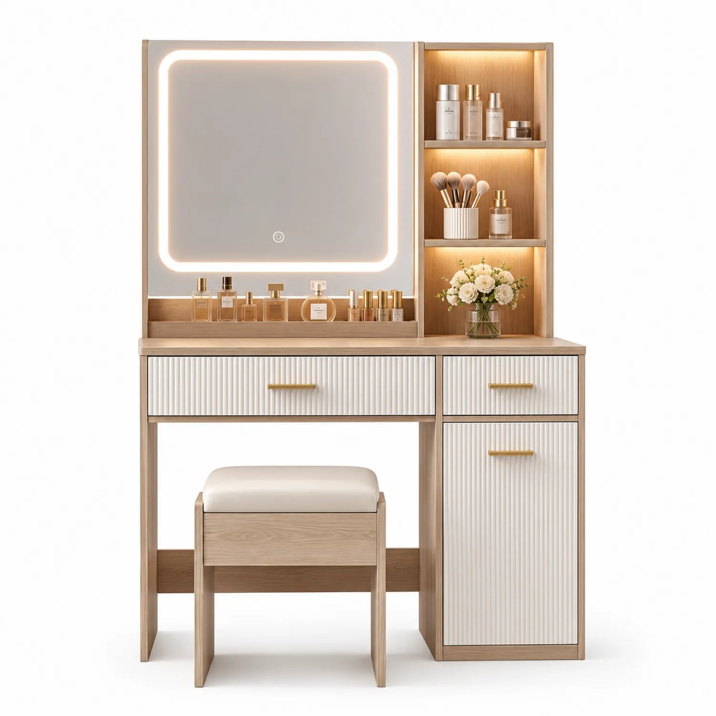 Toaletka z lustrem LED drewno bukowe 120x40x140 cm